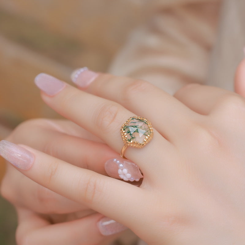 Planderful Jewelry Geometric Green Moss Agate Ring In Sterling Silver Gold Plated Adjustable