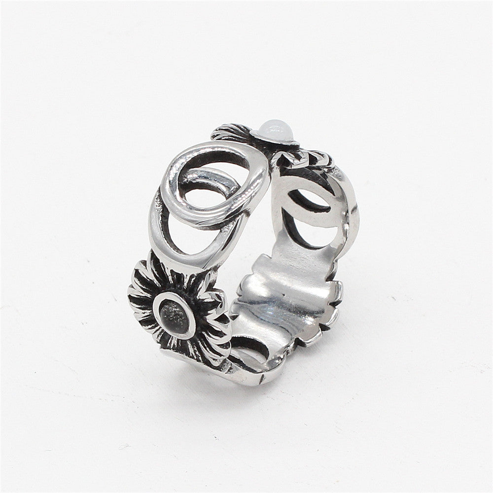 Planderful Everyday Genie European and American Retro Sunflower Men's Titanium Steel Ring – Personalized and Stylish Jewelry