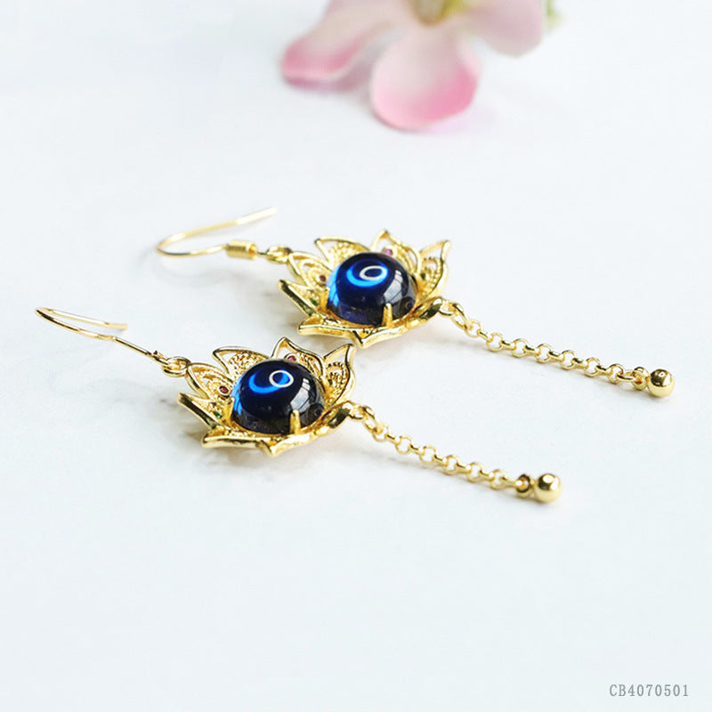 Lab-Grown Blue Spinel Sunflower Tassel Earrings