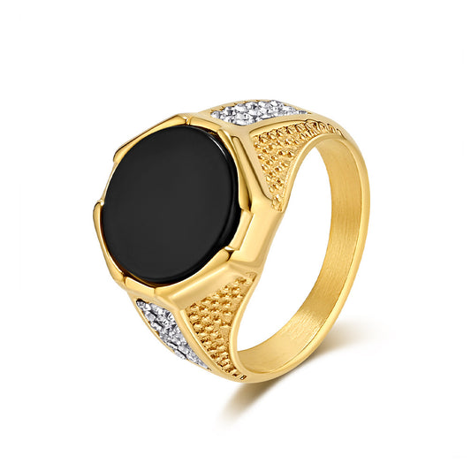 Planderful Mens Geometric Titanium Steel Ring With Black Gem Inlay For Modern Luxury Jewelry