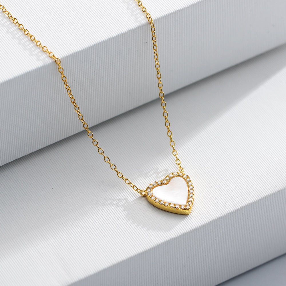 S925 Sterling Silver Love-Shaped Shell Pendant Necklace Korean Version Zircon