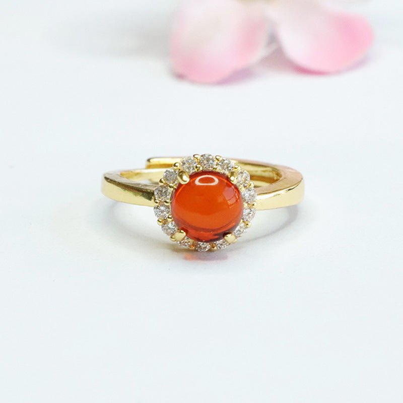 Amber Blood Zircon Ring with Halo Detail