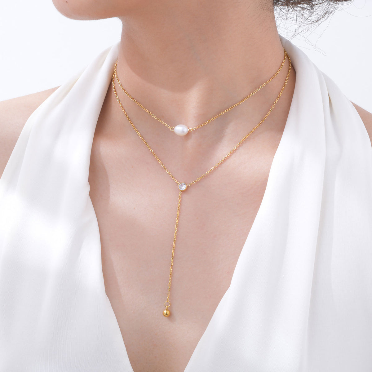 Summer Stainless Steel Double Chain Natural Baroque Zircon Y-Shaped Necklace Gold Ladies