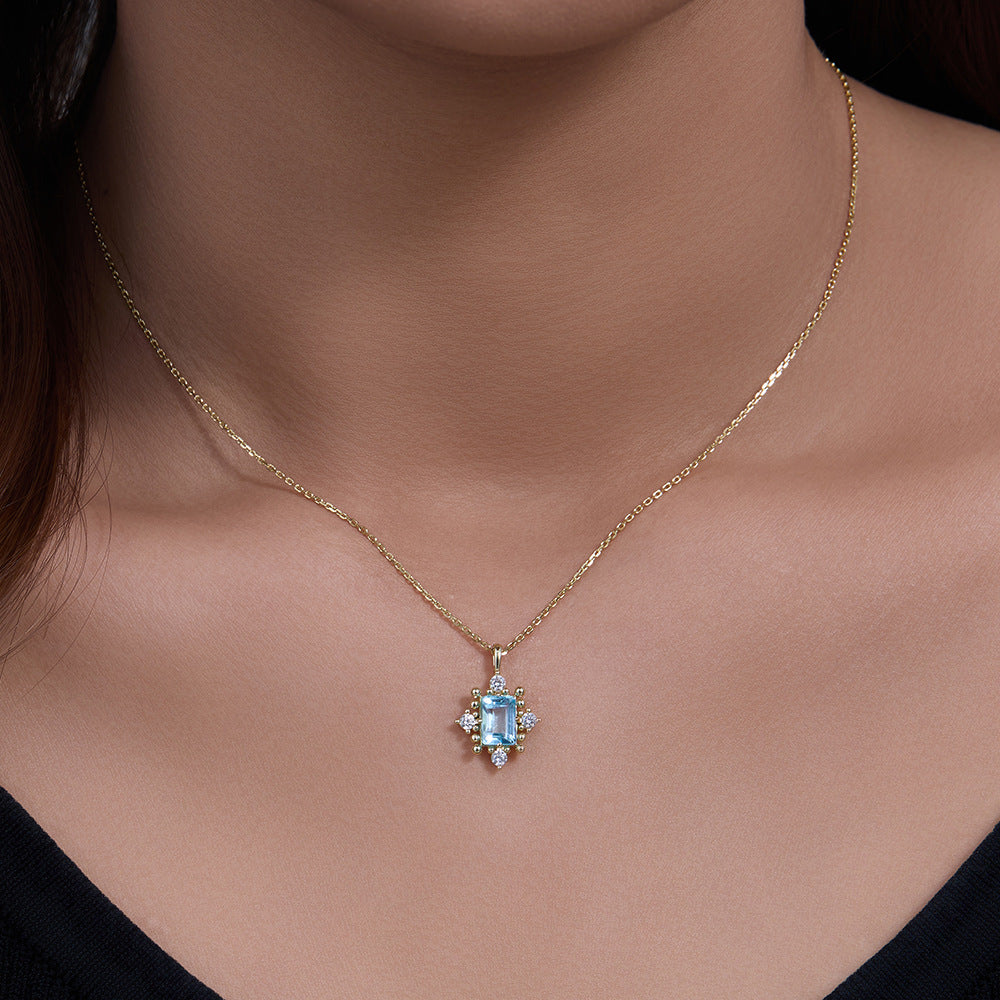 S925 Sterling Silver Retro Natural Sky Blue Topaz Necklace