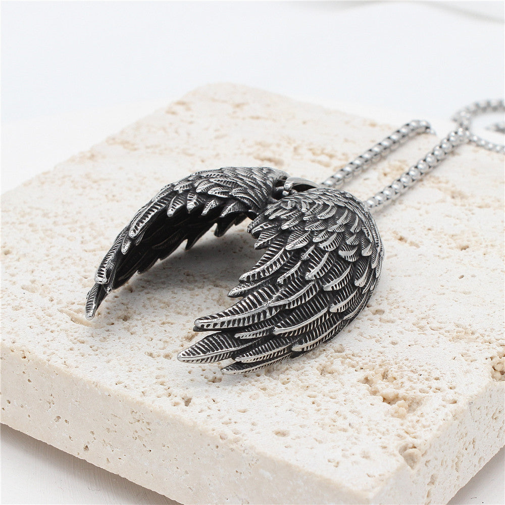 Planderful Personalized Retro Angel Wings Pendant Necklace Titanium Steel Men Unisex Protection Gift