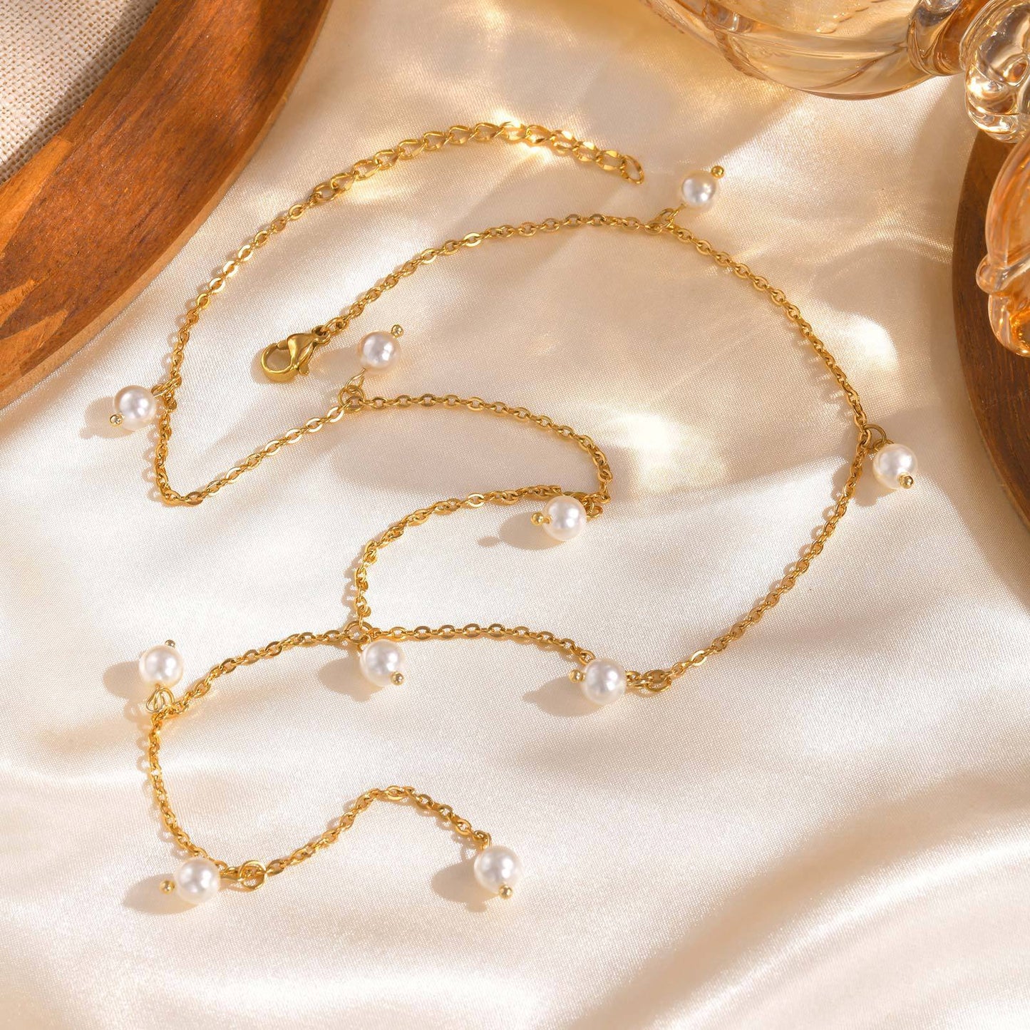 Stainless Steel Grinding Chain Imitation Pearl Fringed Y-Shaped Gold Necklace