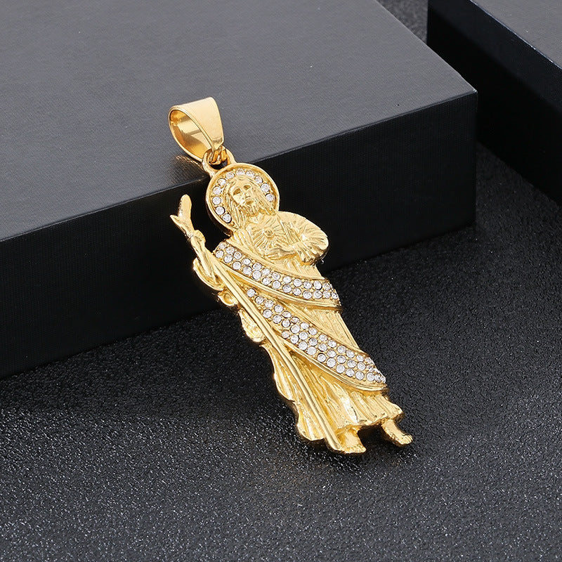 Stylish Zircon Necklace, Vintage Vacuum Plated St. Jude God Titanium Steel Pendant For