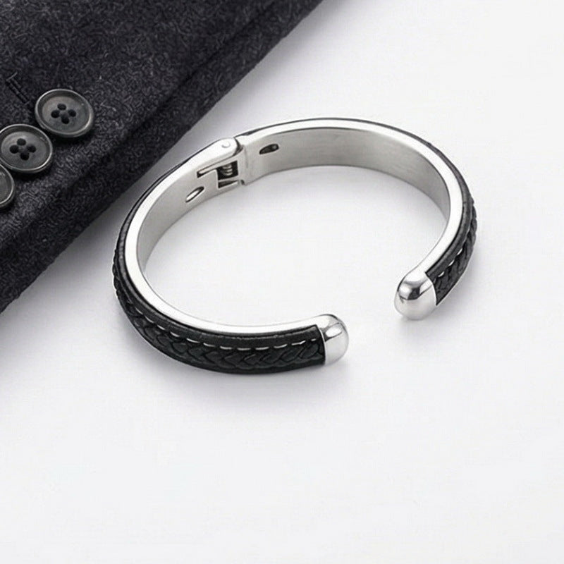 Design Atmospheric Braided Leather Stainless Steel C-Open Bracelet Men's