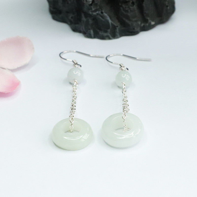 925 Sterling Silver Jadeite Peace Ring Hook Earrings