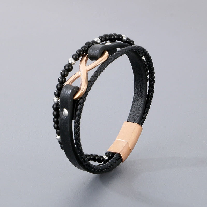 Multi-Layer Woven Leather Rope Men's Bracelet – Titanium Steel Figure-Eight Infinity