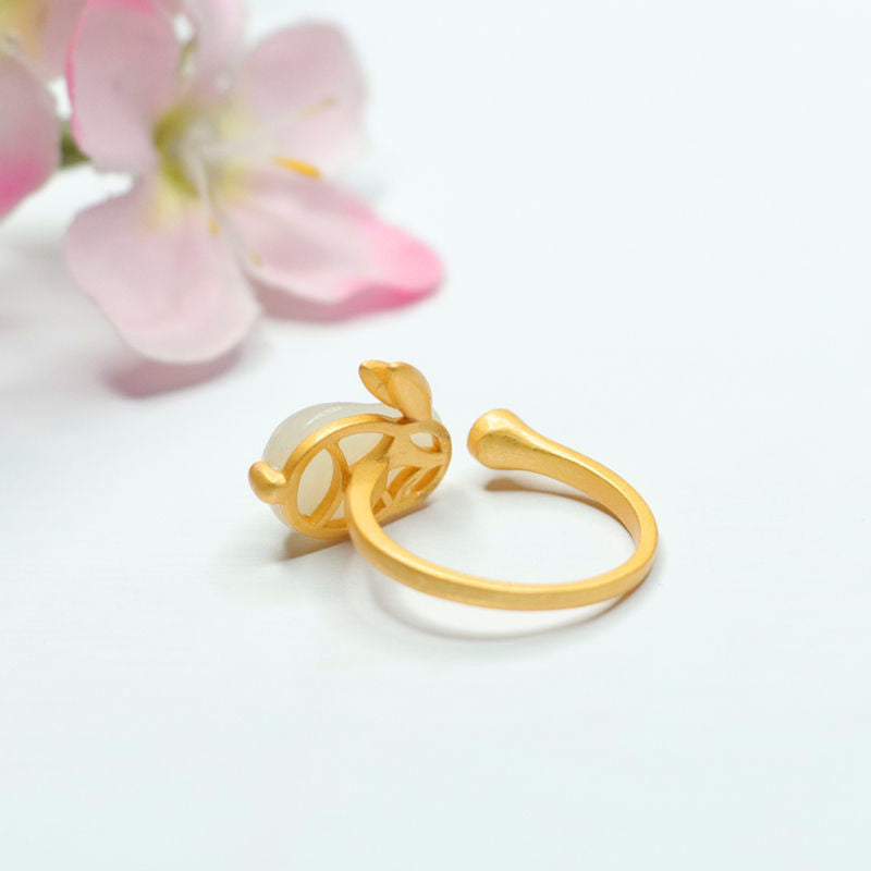 White Hetian Jade Rabbit 925 Silver Ring