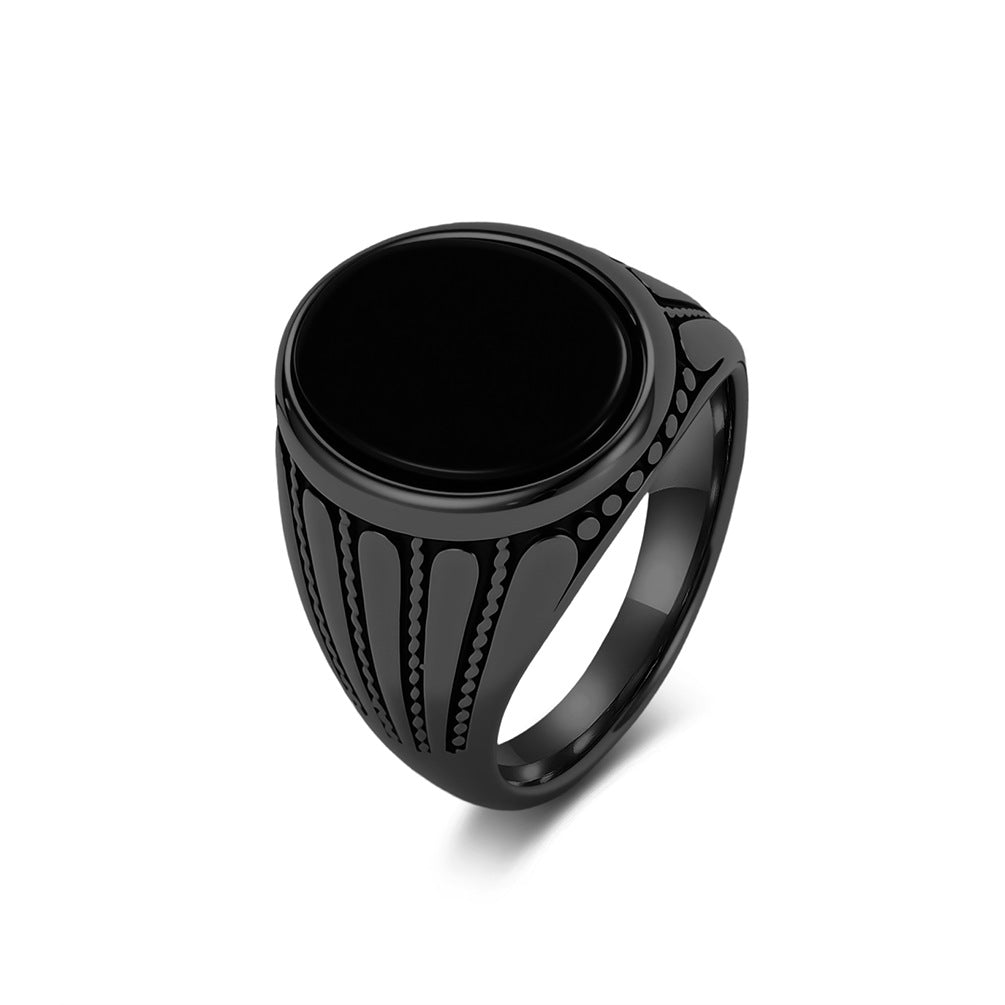 Black Gemstone Vintage Stainless Steel Ring for Men