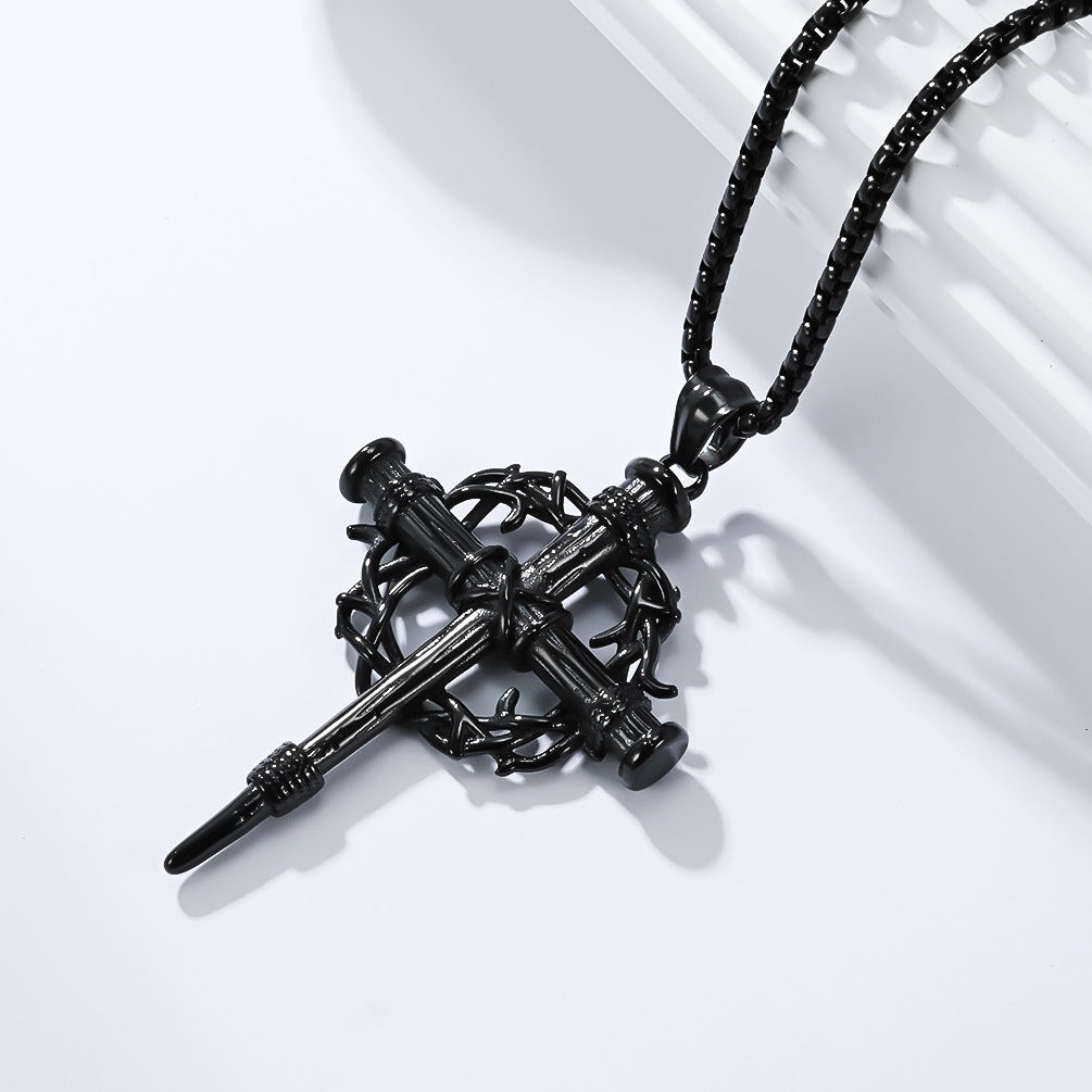 Steel Necklace – Statement Cross Pendant With Thorn Wreath Design For Hipster Street Style