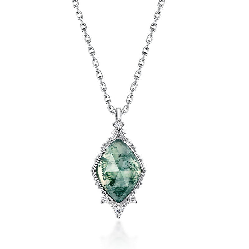 S925 Sterling Silver Moss Agate Geometric Pendant Necklace