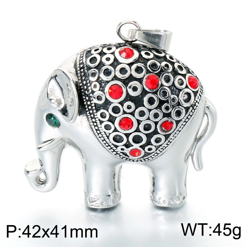 Vintage Ruby Jixiang Pendant Exotic Style Three-Dimensional Elephant Casting Pendant Stainless Steel Men's Necklace