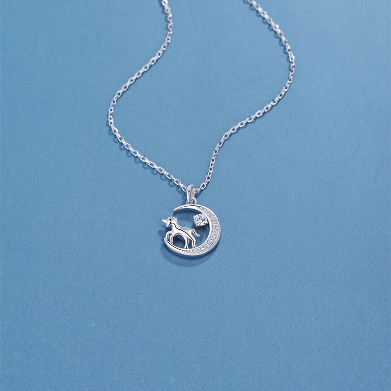 Planderful 925 Sterling Silver Zircon Moon Unicorn Necklace For Women Zodiac Birth Year Gift
