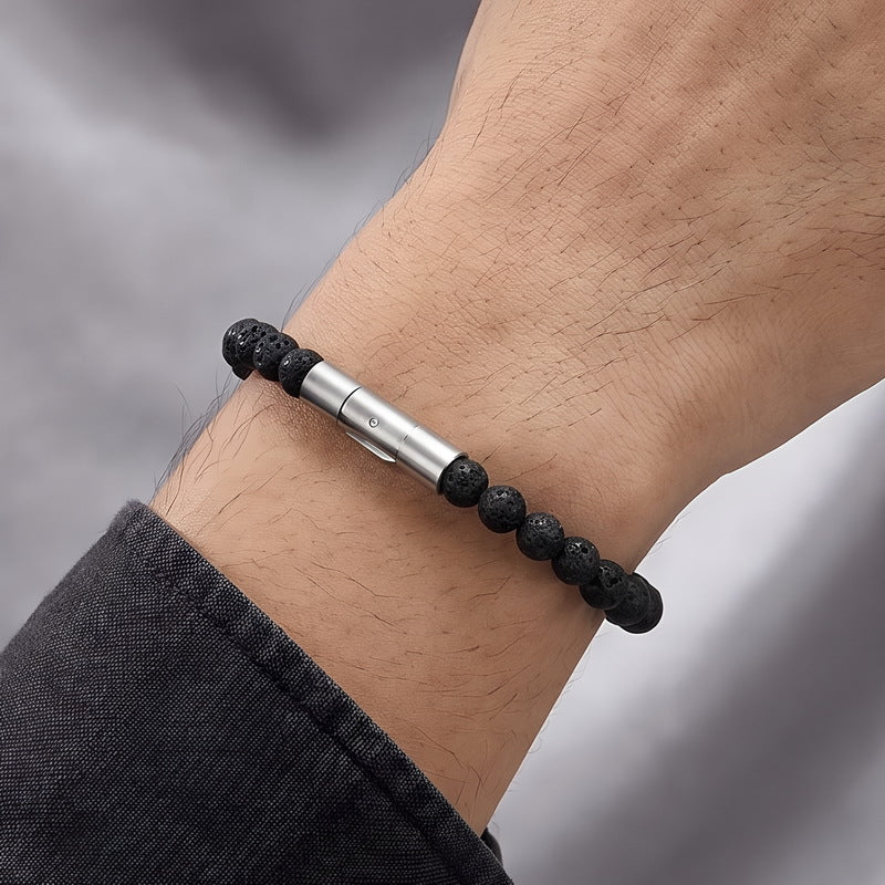 Beaded Bracelet Tiger's Eye Stone Black Agate Stainless Steel Snap Button Unisex Bracelet.