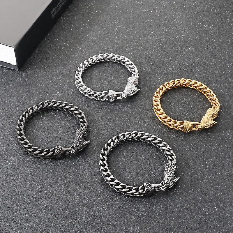 Planderful Zodiac Dragon Titanium Steel Mens Bracelet