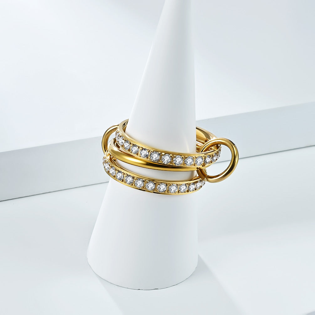 Planderful Everyday Genie Three Ring Stacking Ring Titanium Steel Plated 18K Gold Zircon Unisex Light Luxury