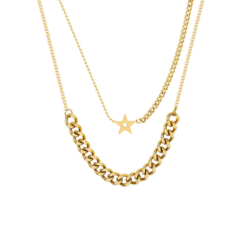 European and American Style Double Layer Star Pendant Necklace Set, Chunky Gold-Plated Chain, Women's Titanium Steel Jewelry