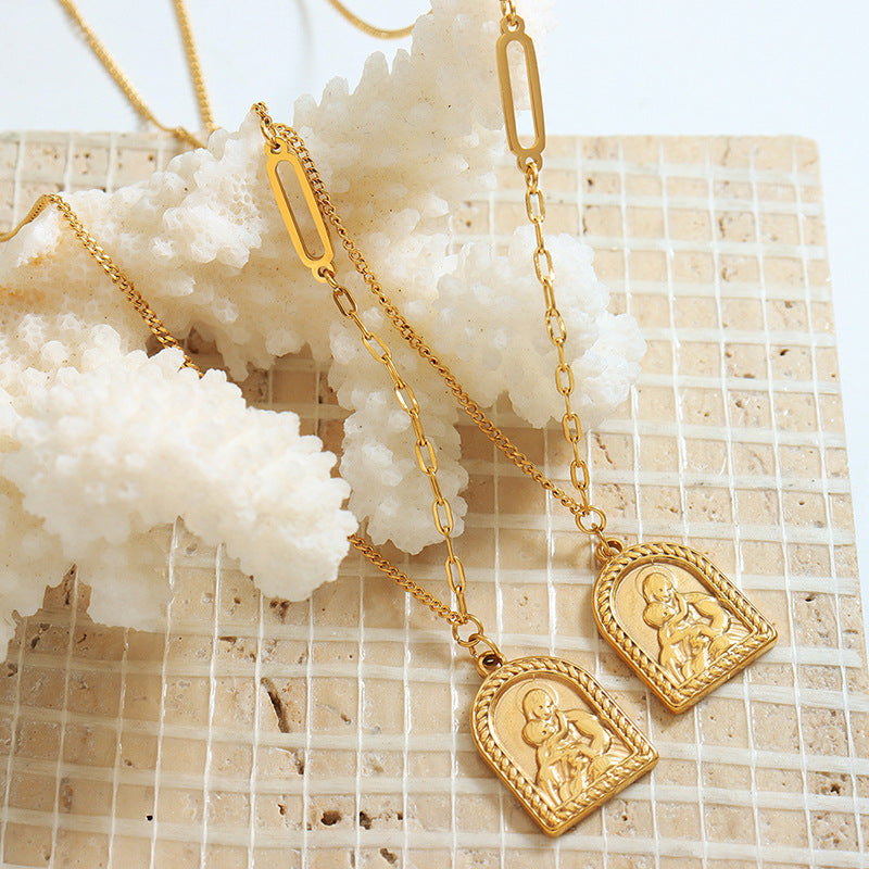 Luxurious Titanium Steel Gold-Plated Portrait Pendant Necklace - Exquisite Design for Elegant Women