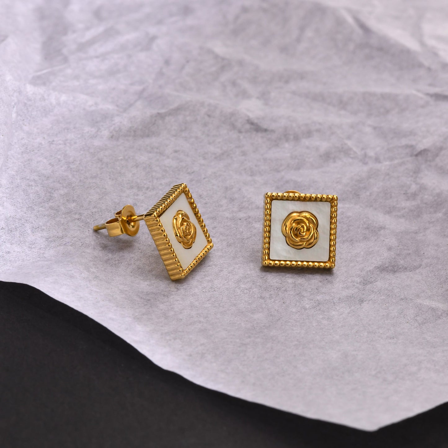 French Vintage Shell Rose Stud Earring Stainless Steel Jewelry