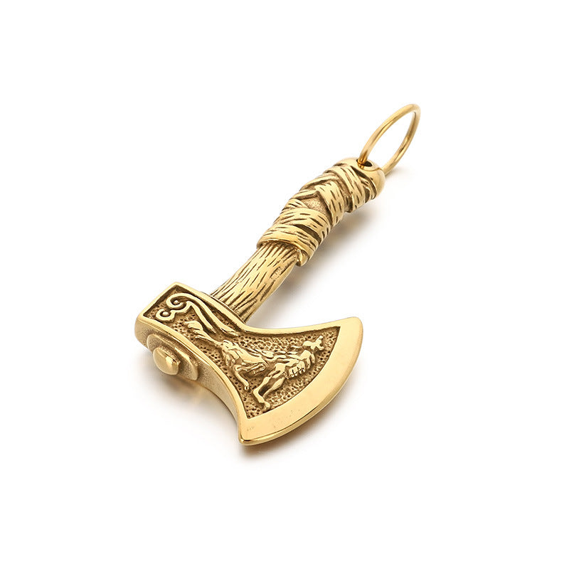 Nordic Viking Wolf Pattern Battle Axe Pendant – Punk Style Axe Amulet Titanium Steel Necklace