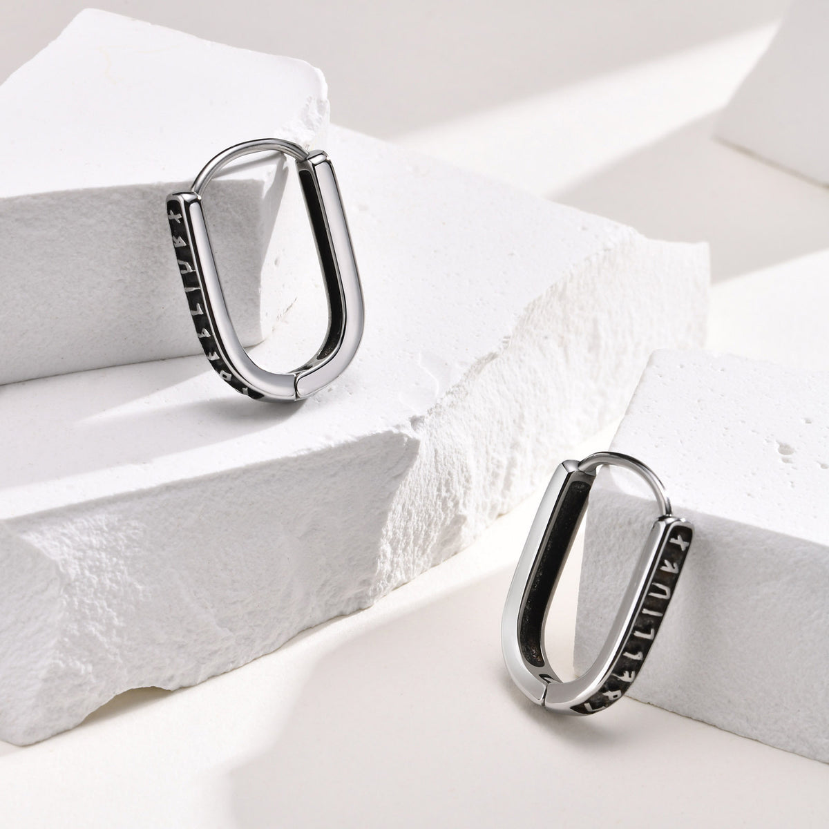 Norse Rune Rectangular Hoop Earrings — Silver Pair