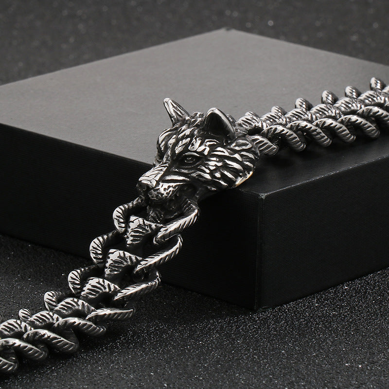 Animal – Punk Dark Wolf Head Layered Braided Keel Chain Titanium Steel Men's Bracelet