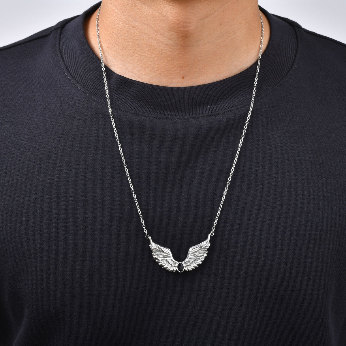 Style Men's Stainless Steel Black Zirconium Feather Wing Necklace Punk Stacked