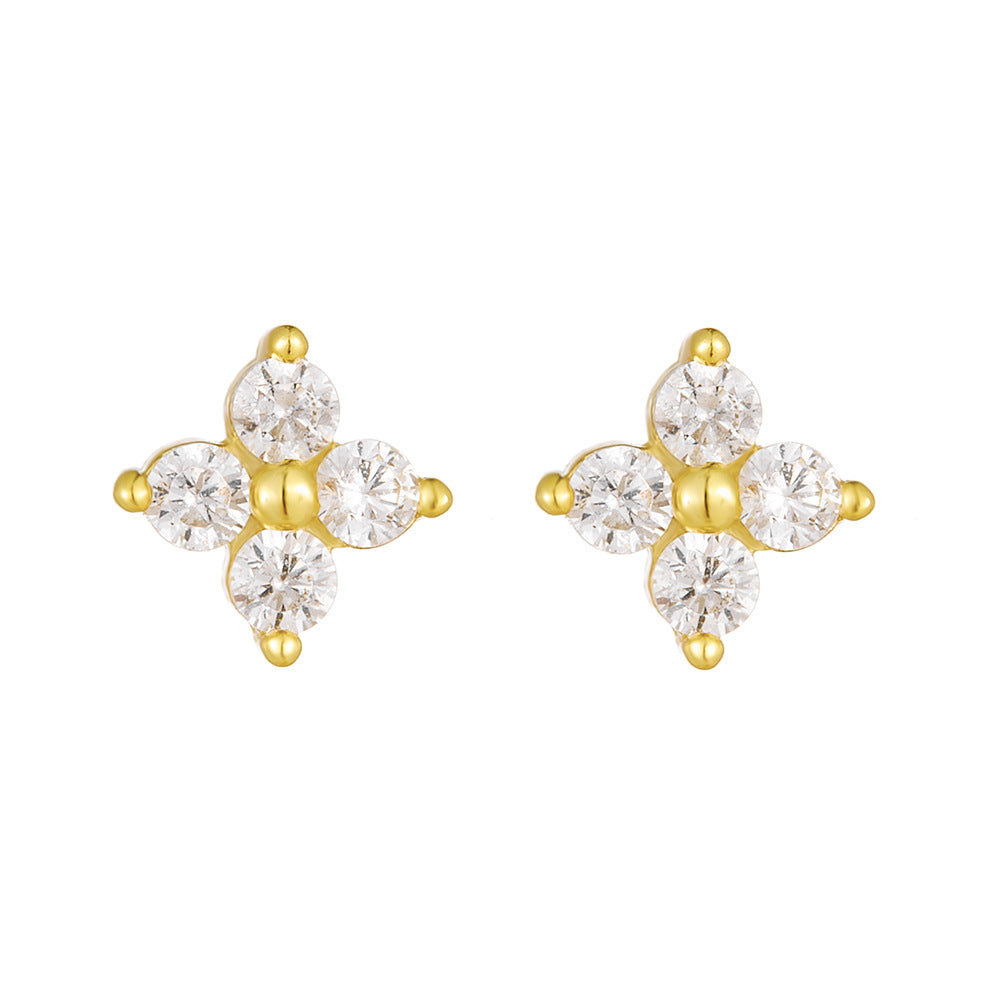 S925 Sterling Silver Four-Leaf Clover Zircon Stud Earrings
