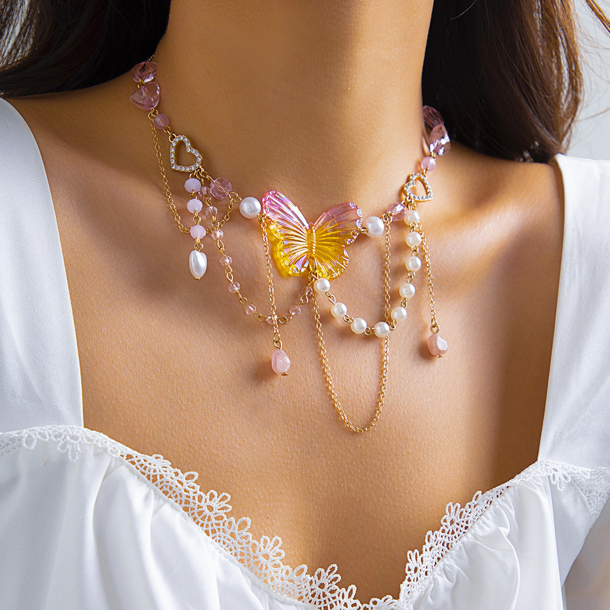 Festive Spice Girl Strawberry Butterfly Necklace - Faux Pearl Tassel Necklace with Ethnic Style, Ideal for Women