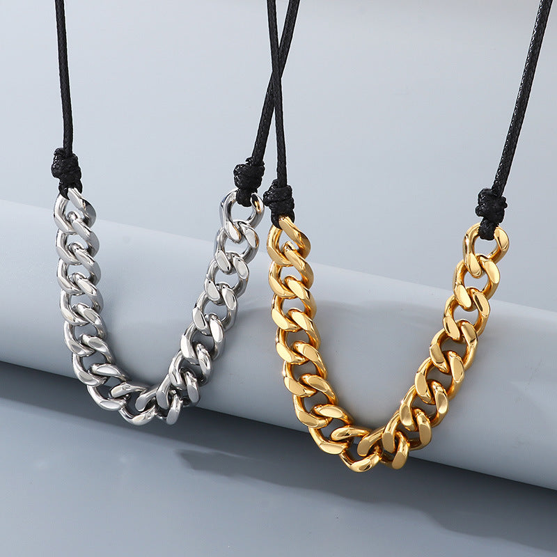 Vintage Necklace, Western Denim Black Wax Rope Splicing Cuban Chain, Long Adjustable Stainless