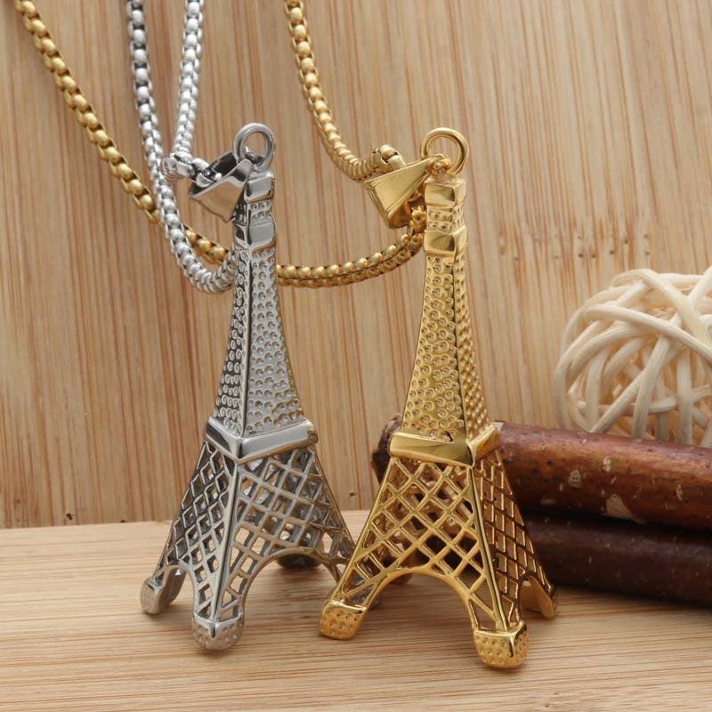 Punk Style Titanium Steel Eiffel Tower Pendant Necklace for Men and Women - Vintage Trendy Design