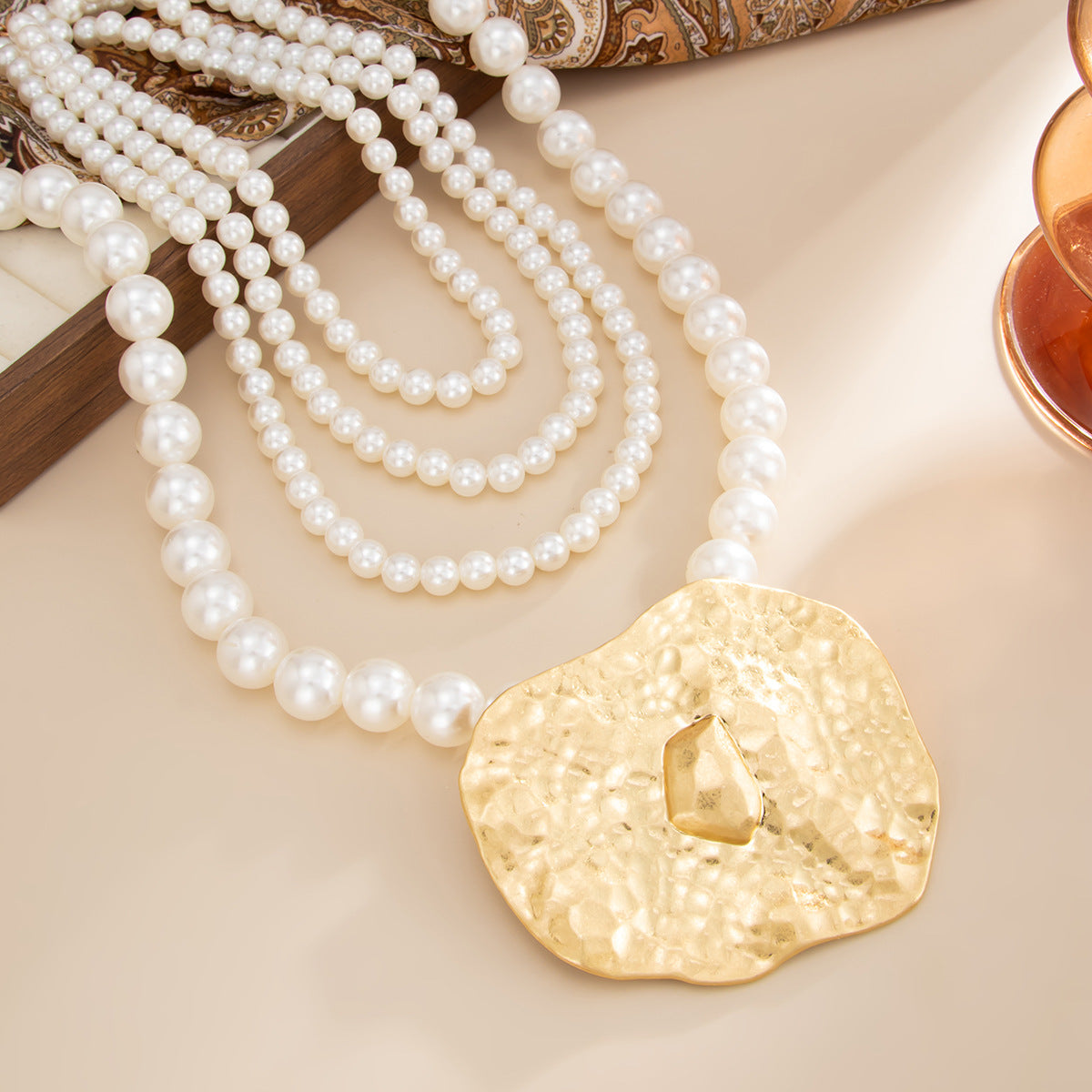 French Pearl & Sculptural Leaf Layered Necklace