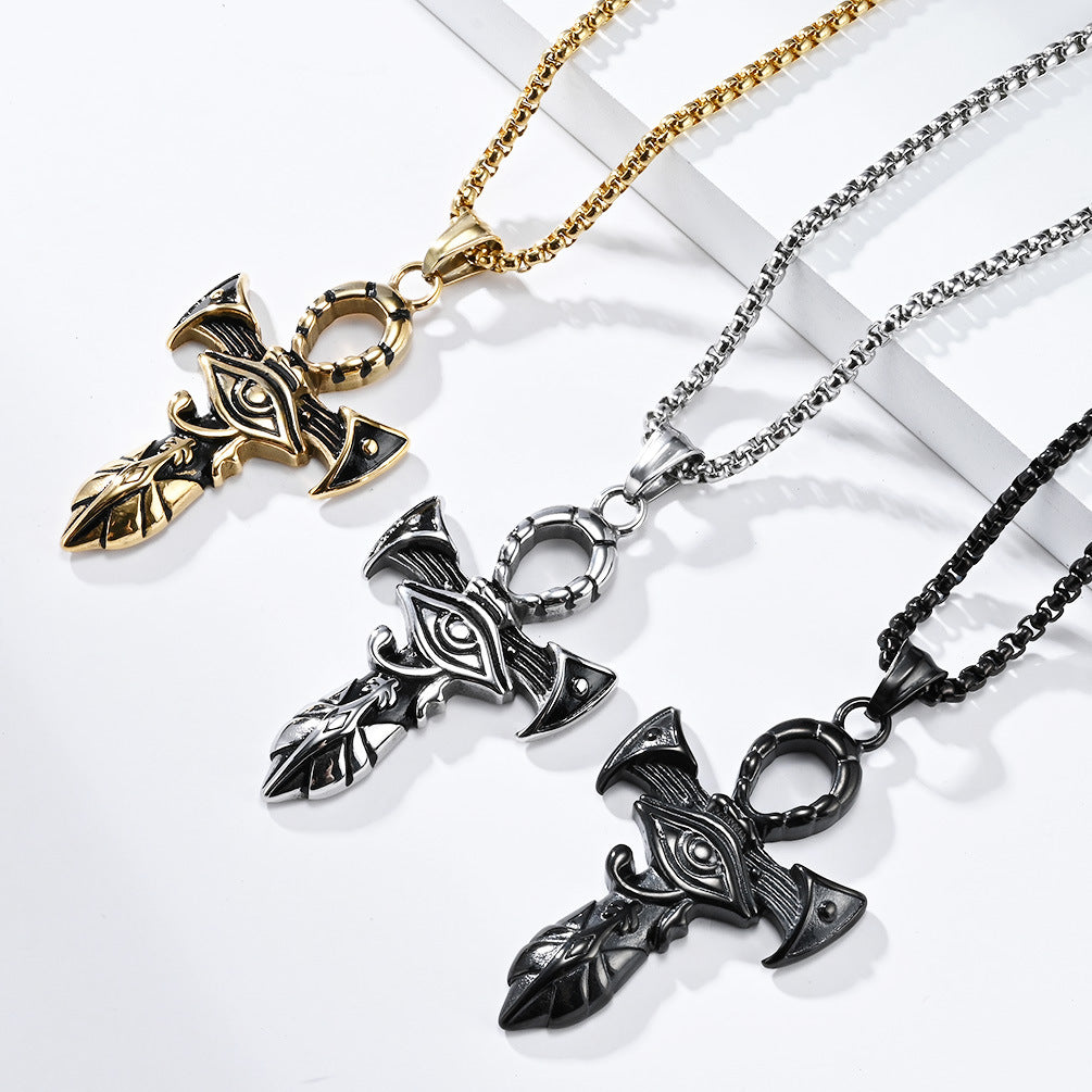 Planderful Eye of Horus Ankh Cross Necklace Titanium Steel Pendant Protector Symbol For Egyptian History Lovers