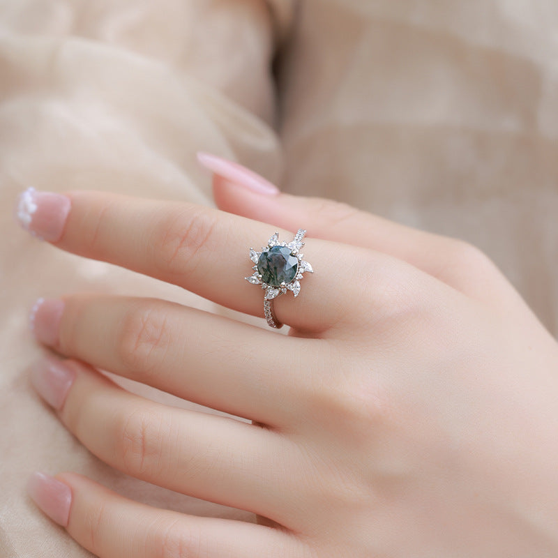 Planderful Jewelry Sterling Silver Green Moss Agate Ring For Women With Sun Design Statement