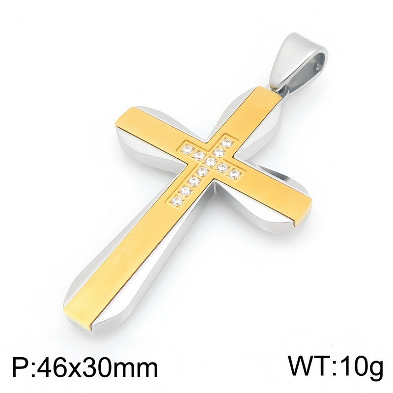 Hip Hop Rock Double Contrast Color Zircon Cross Titanium Steel Pendant Back Stainless Necklace