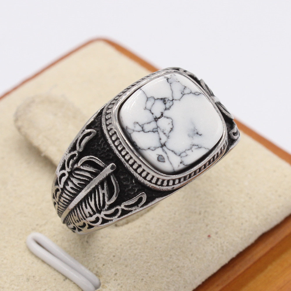 Planderful Turquoise Feather Steel Ring For Men And Unisex Durable Retro Protection Statement Everyday Genie