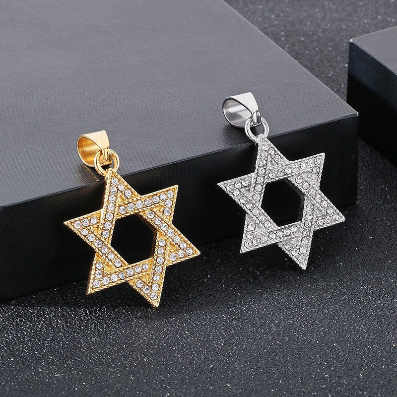 Dance Sweater Chain Pendant, Street Studded With Diamond Hexagram Stainless Steel Men's Pendant Necklace