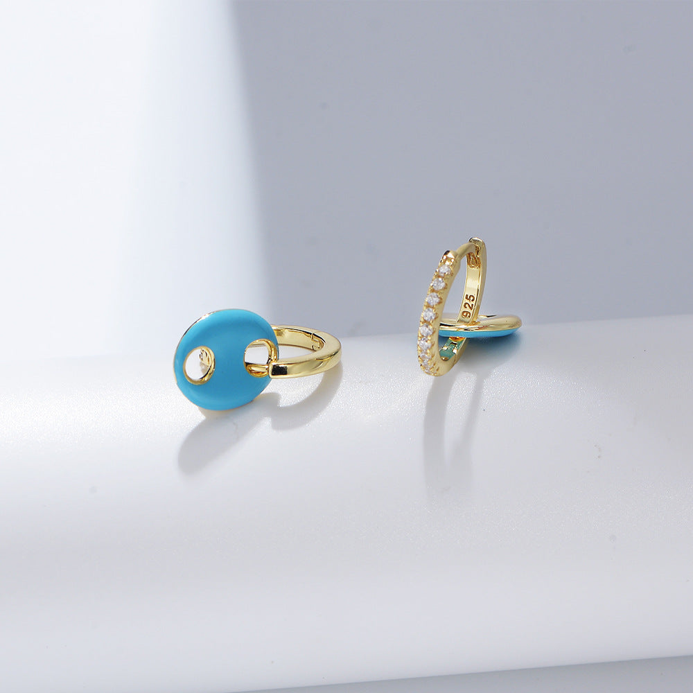 925 Sterling Silver Wind Color Drip Pig Nose Earrings Zircon Earrings Oval Drop
