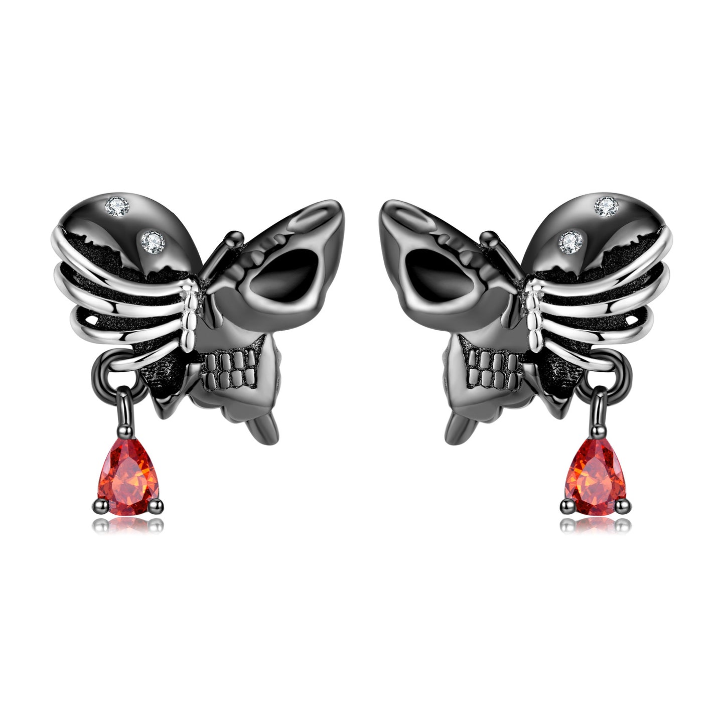 Halloween Skull Body Skeleton Butterfly Pear Shape Red Zircon Silver Stud Earrings