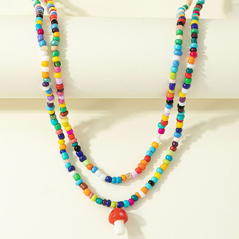 Sophisticated Dual Strand Beaded Mushroom Necklace with Unique Design Aesthetic - European and American Style