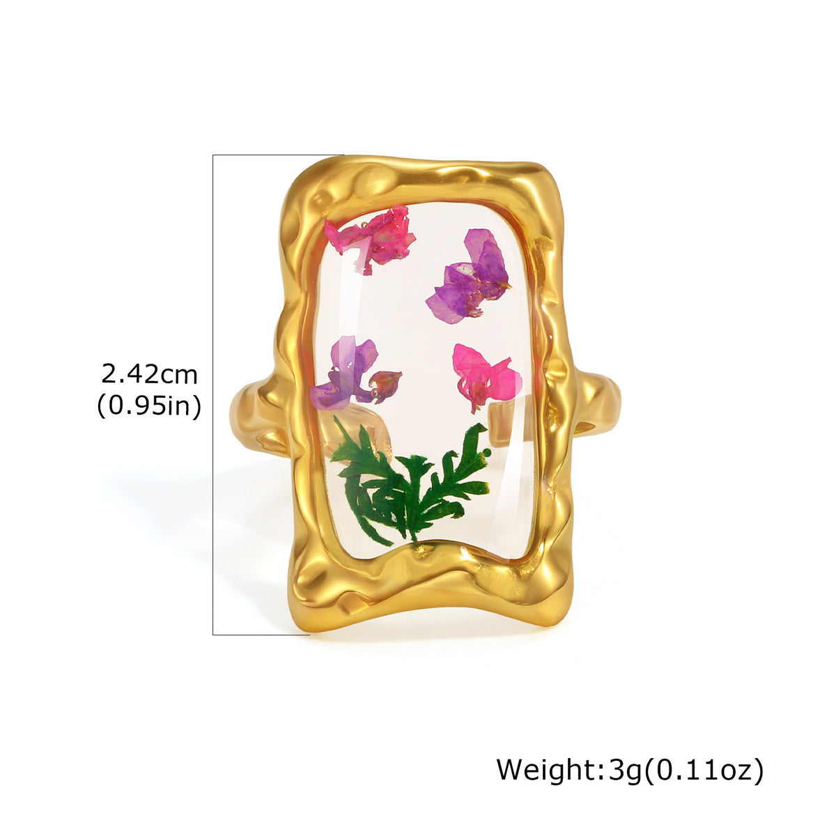 Stainless Steel Handmade Dried Flower Ring Women's Design Sense Round Heart-Shaped Glue