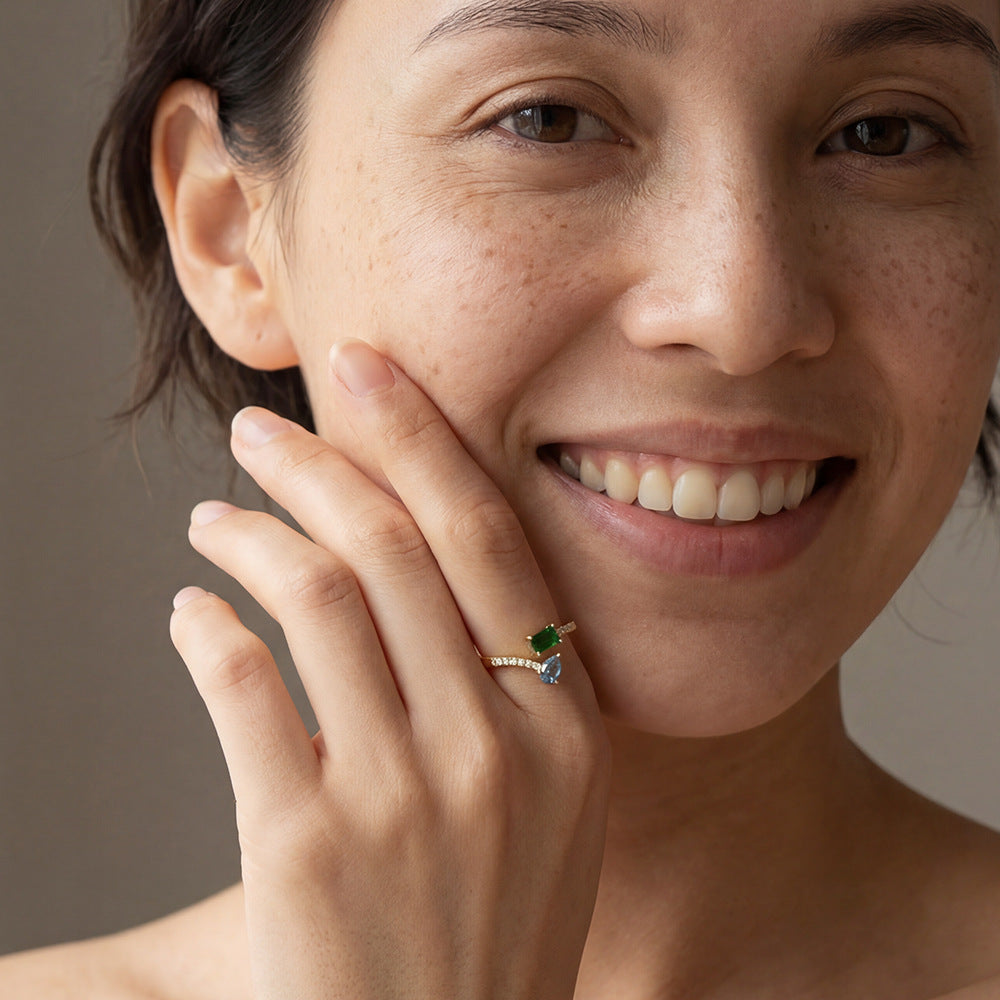 Design Colored Zircon Open Sterling Silver Ring Retro Geometric Ring