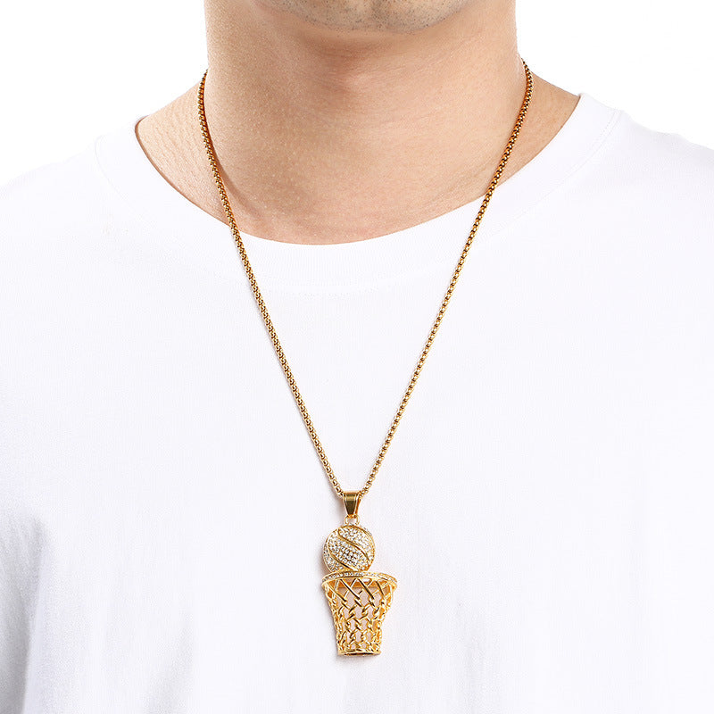 Full Of Zircon Ancient Roman Coins Round Pendant, Hip Hop Hiphop Sports Basketball Necklace
