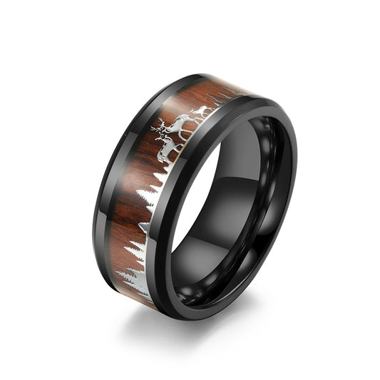 Planderful Everyday Genie Stainless Steel Wood Grain Elk Ring For Men And Women Deer Inlay