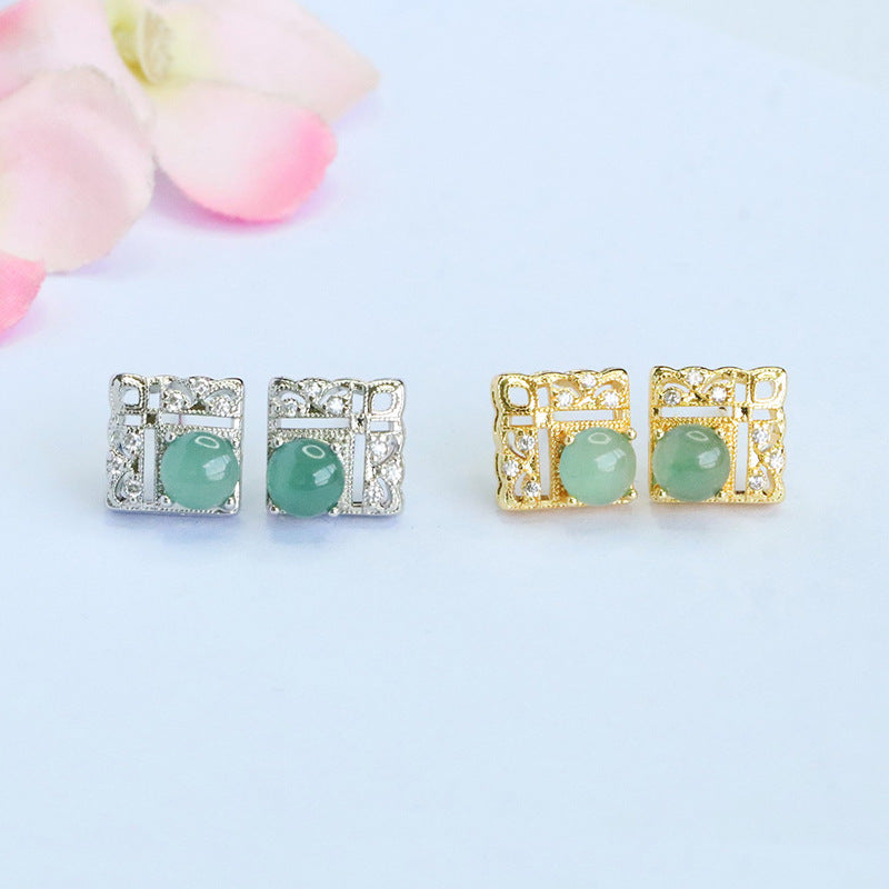 Blue-Water Jadeite Window Motif Stud Earrings