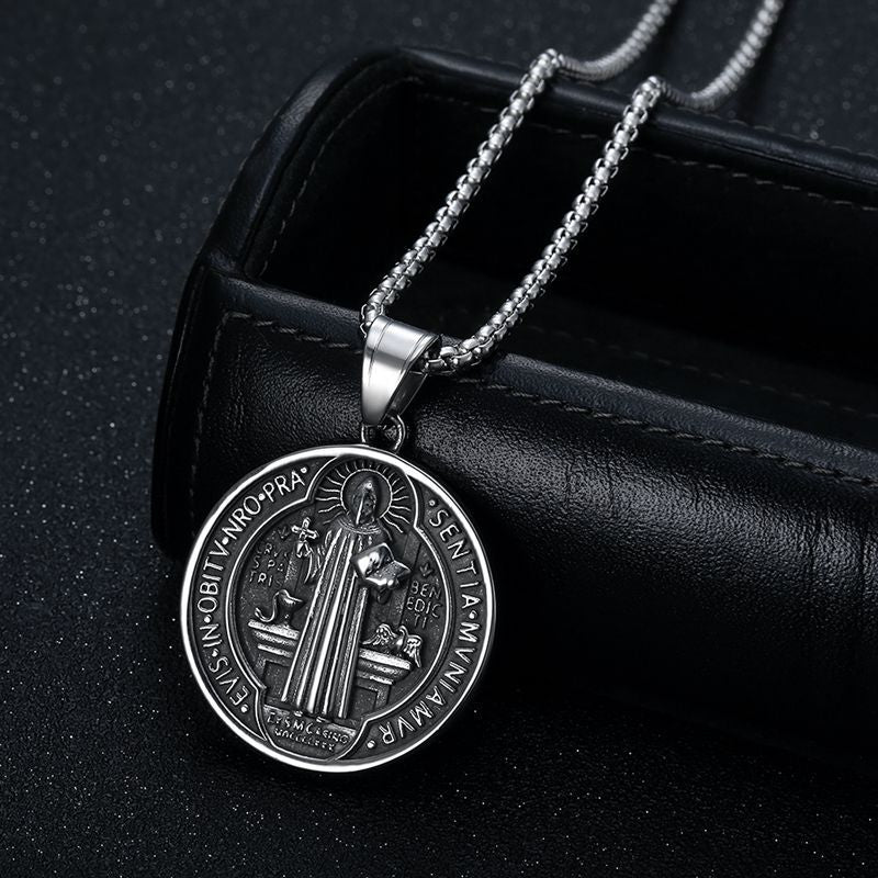 Planderful Saint Benedict Exorcism Pendant Necklace In Titanium Steel Gold Plated For Hip Hop Fans