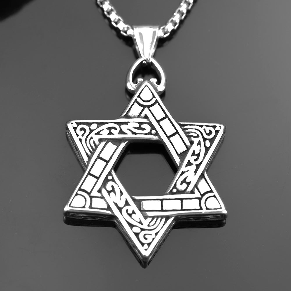 Retro Stainless Steel Men's Pendant Double-Sided Hexagram Necklace